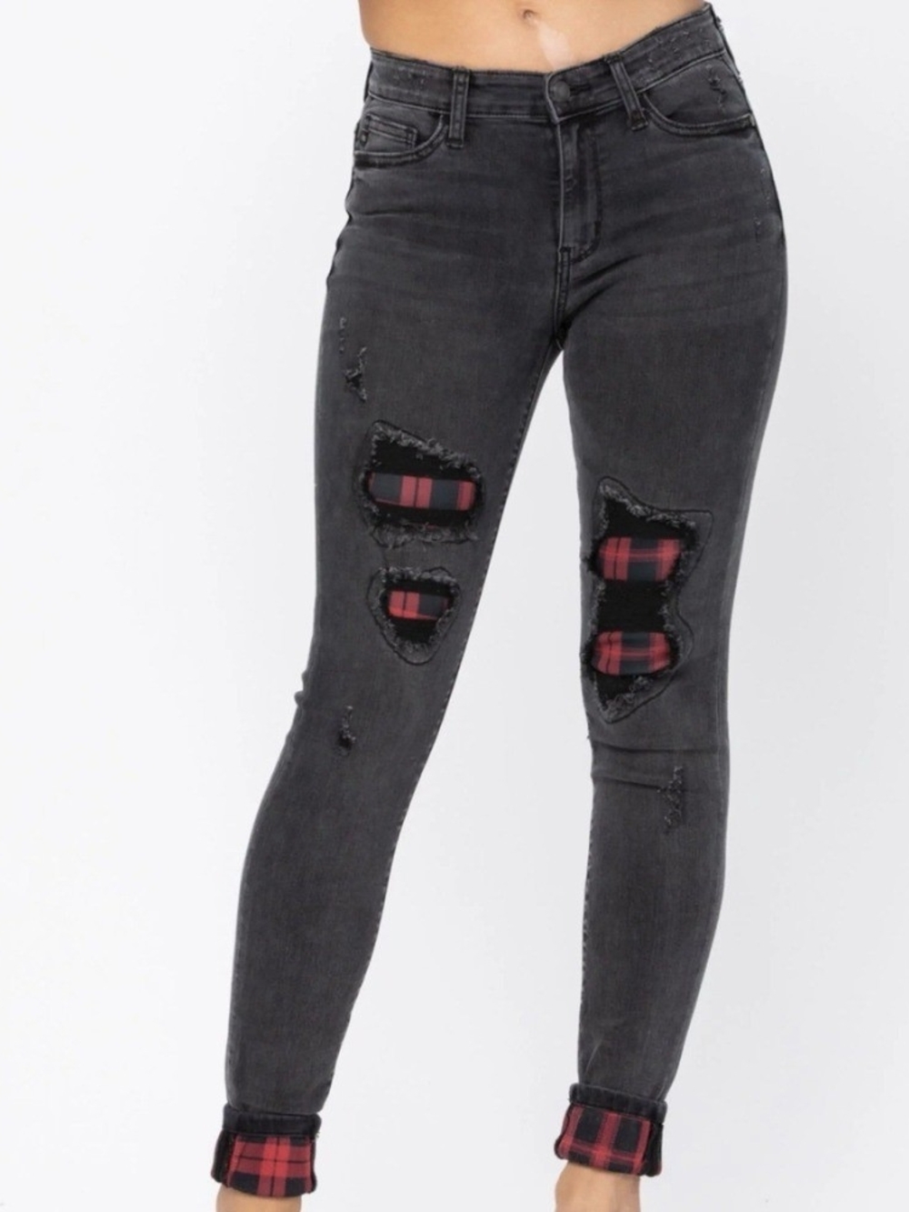 Judy Blues Mid-Rise Black Skinny Jeans with Red Plaid Inset